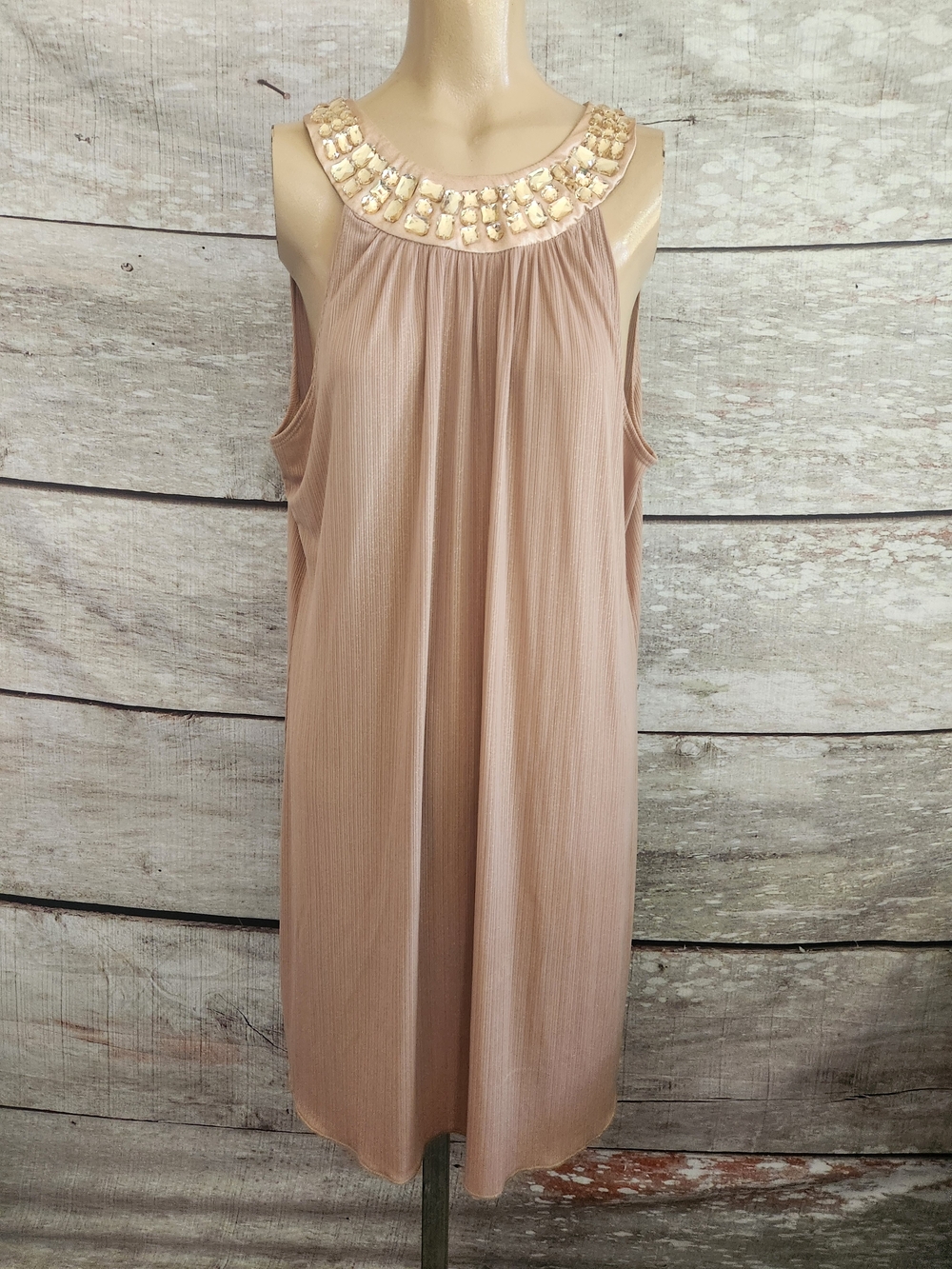 XOXO Gold Ribbed Sleeveless Dress with Beaded Trim